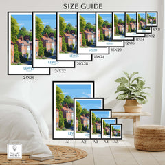 Lewes England wall art poster size guide showing framed travel prints in various sizes on a modern bedroom wall.