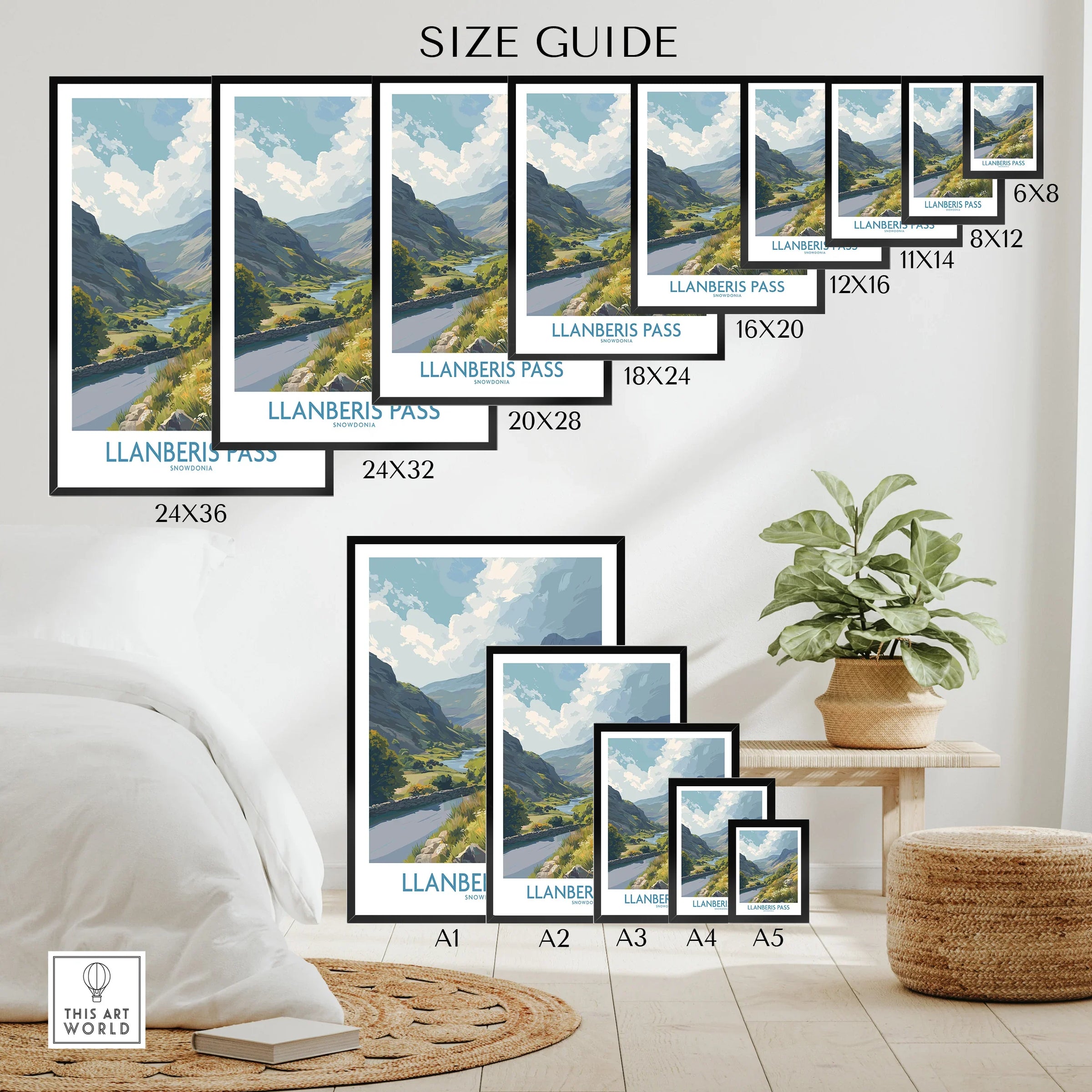 Llanberis Pass travel poster size guide featuring mountain landscape wall art in various print sizes, displayed in a modern home setting.