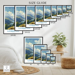 Llanberis Pass travel poster wall art size guide, landscape print display in modern room