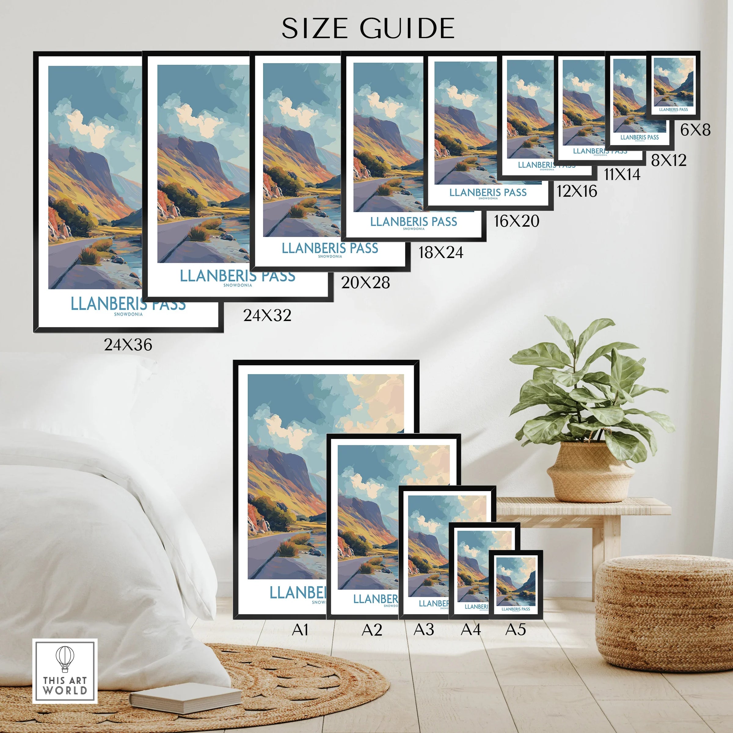 Llanberis Pass travel poster wall art size guide with various print dimensions displayed.