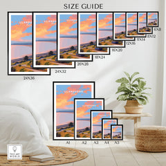 Wall art poster size guide showing Llandudno travel print in various frame sizes.