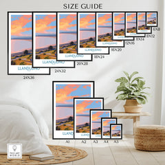 Wall art poster size guide showing various print sizes of a colorful Llandudno travel poster.