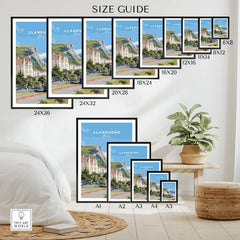 Wall art poster size guide featuring Llandudno travel print in various frame sizes