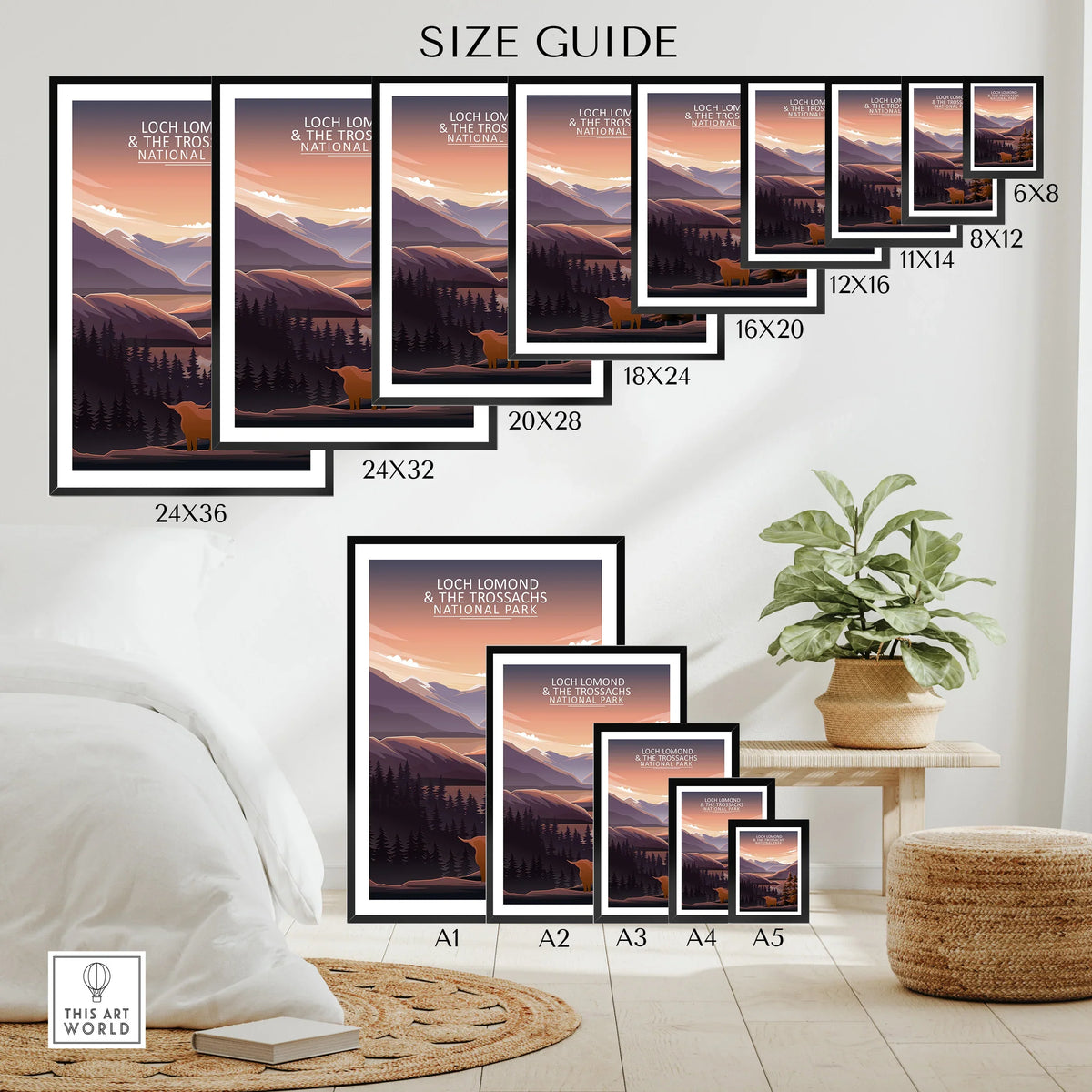 Wall art poster size guide with Loch Lomond landscape illustration in multiple frame sizes.