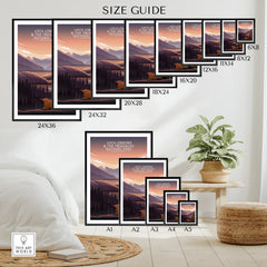 Wall art poster size guide with Loch Lomond landscape illustration in multiple frame sizes.