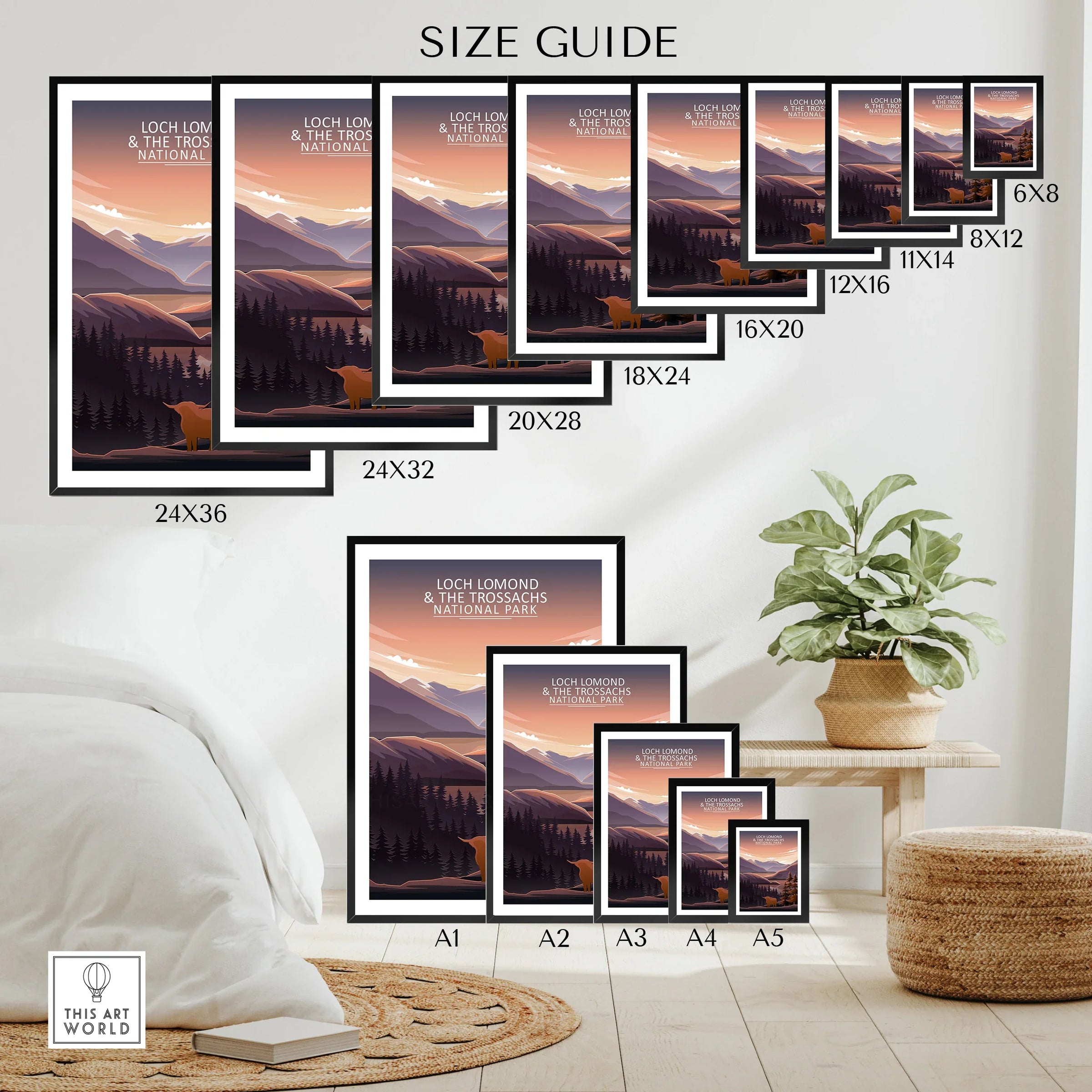 Wall art poster size guide with Loch Lomond landscape illustration in multiple frame sizes.