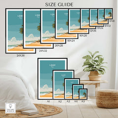 Lomé Togo Travel Posters | West African Beach & Palms Wall Art Print size guide with dimensions on various wall art prints.