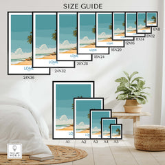 Lomé Togo Canvas Print | Tropical Coastal Village Scene Posters size guide showcasing various frame sizes.