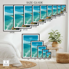Lomé Togo Wall Art Print | Tropical Beach Travel Poster size guide with various frame sizes on display.