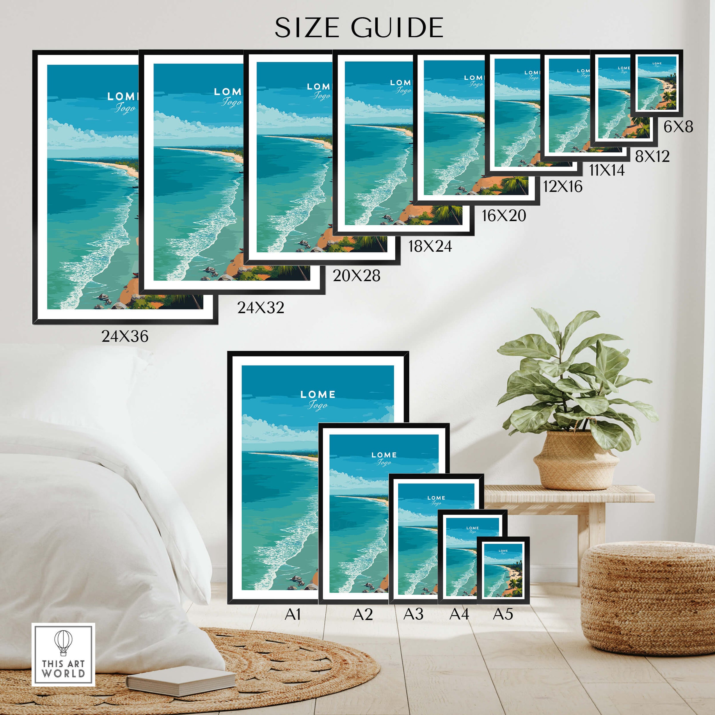 Lomé Togo Wall Art Print | Tropical Beach Travel Poster size guide with various frame sizes on display.