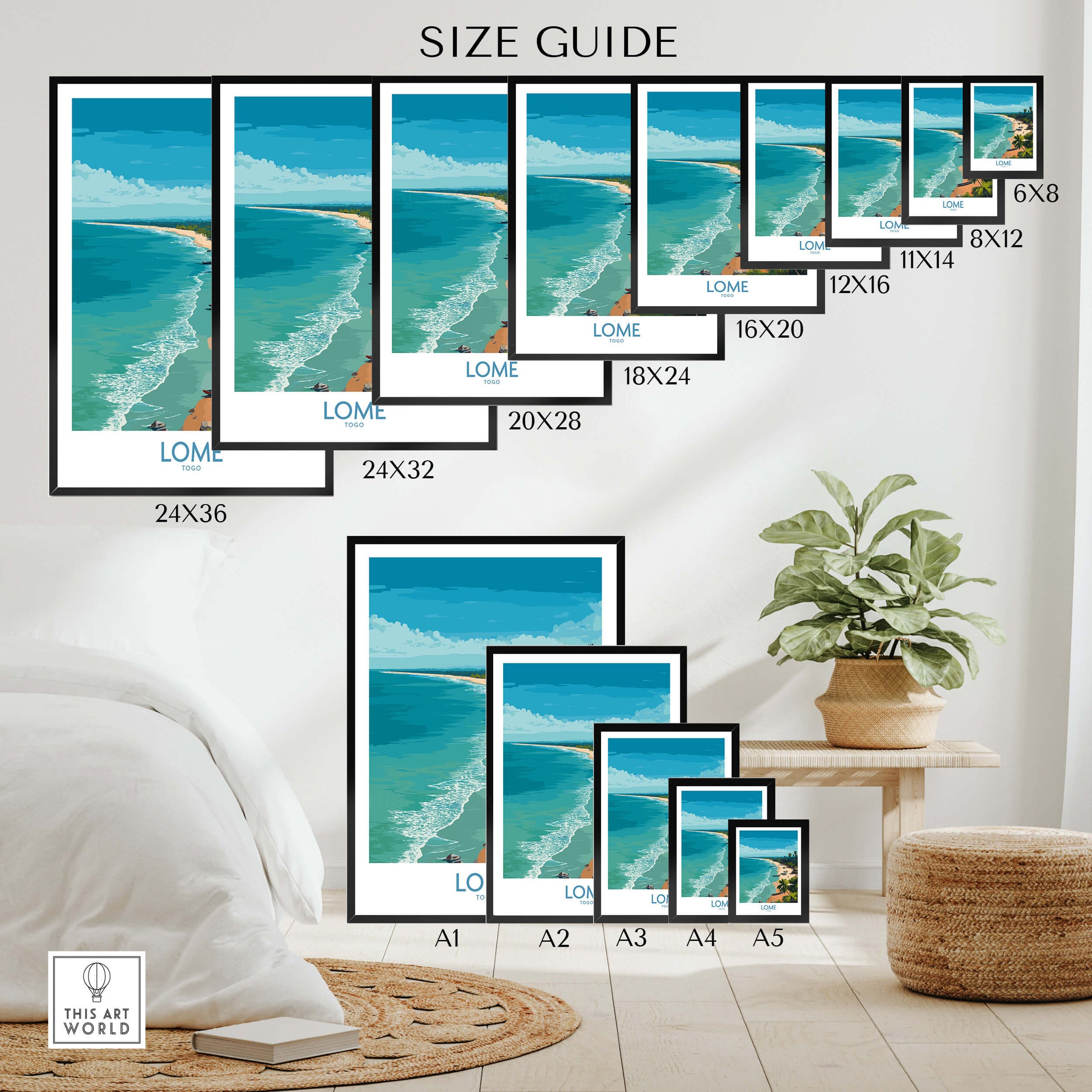 Lomé Togo Poster | West African Coastline Canvas Print size guide showcasing various frame sizes.