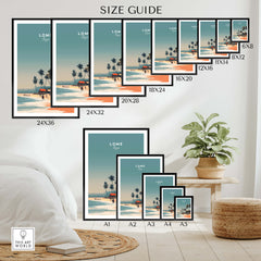 Lome Togo Poster Print Africa size guide showcasing various frame sizes and designs for wall art options.