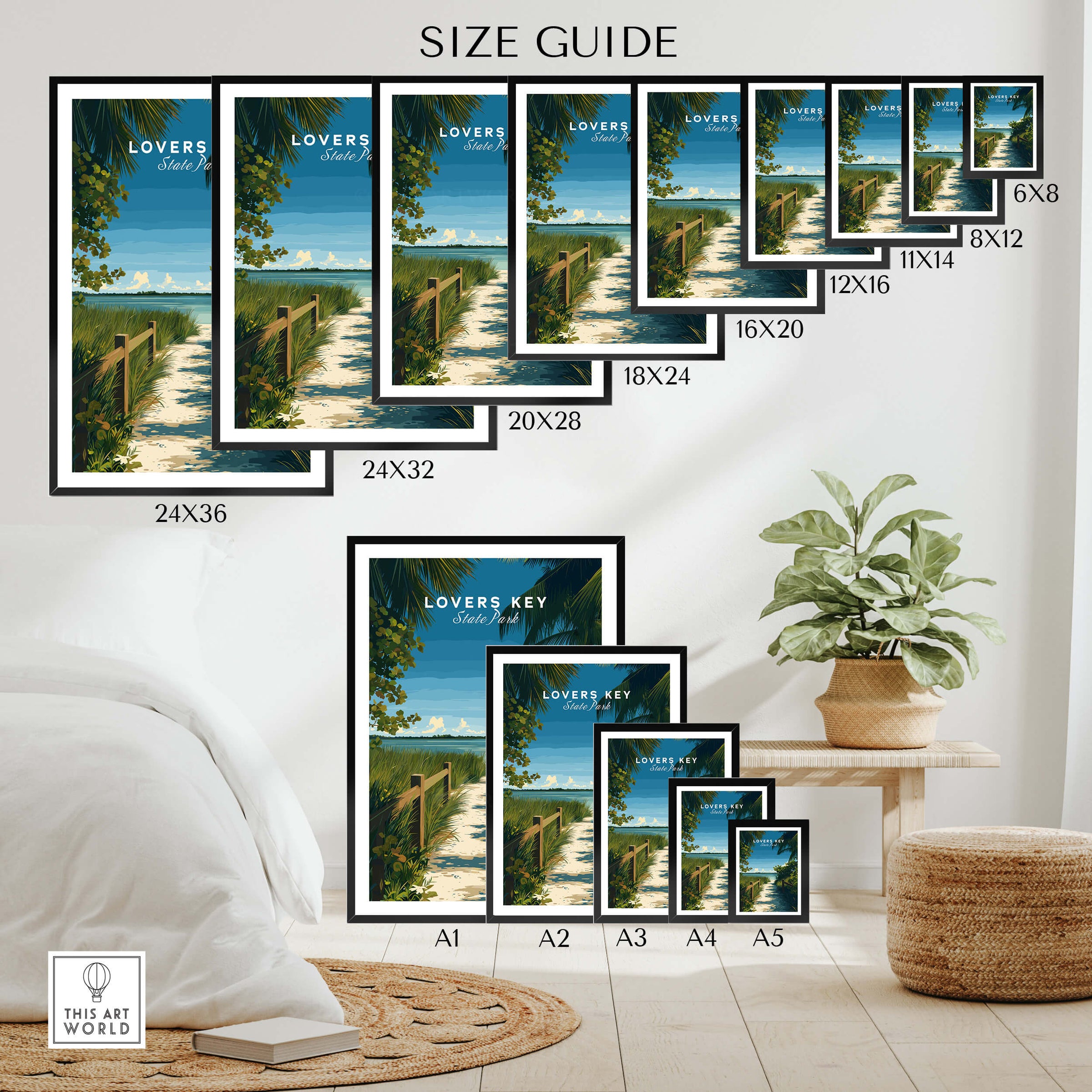 Lovers Key Florida Wall Art Print | State Park Beach Travel Poster size guide showcasing various dimensions.