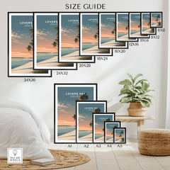 Lovers Key Travel Poster | Florida Sunset Palm Trees Wall Art Print size guide display showcasing different frame dimensions.