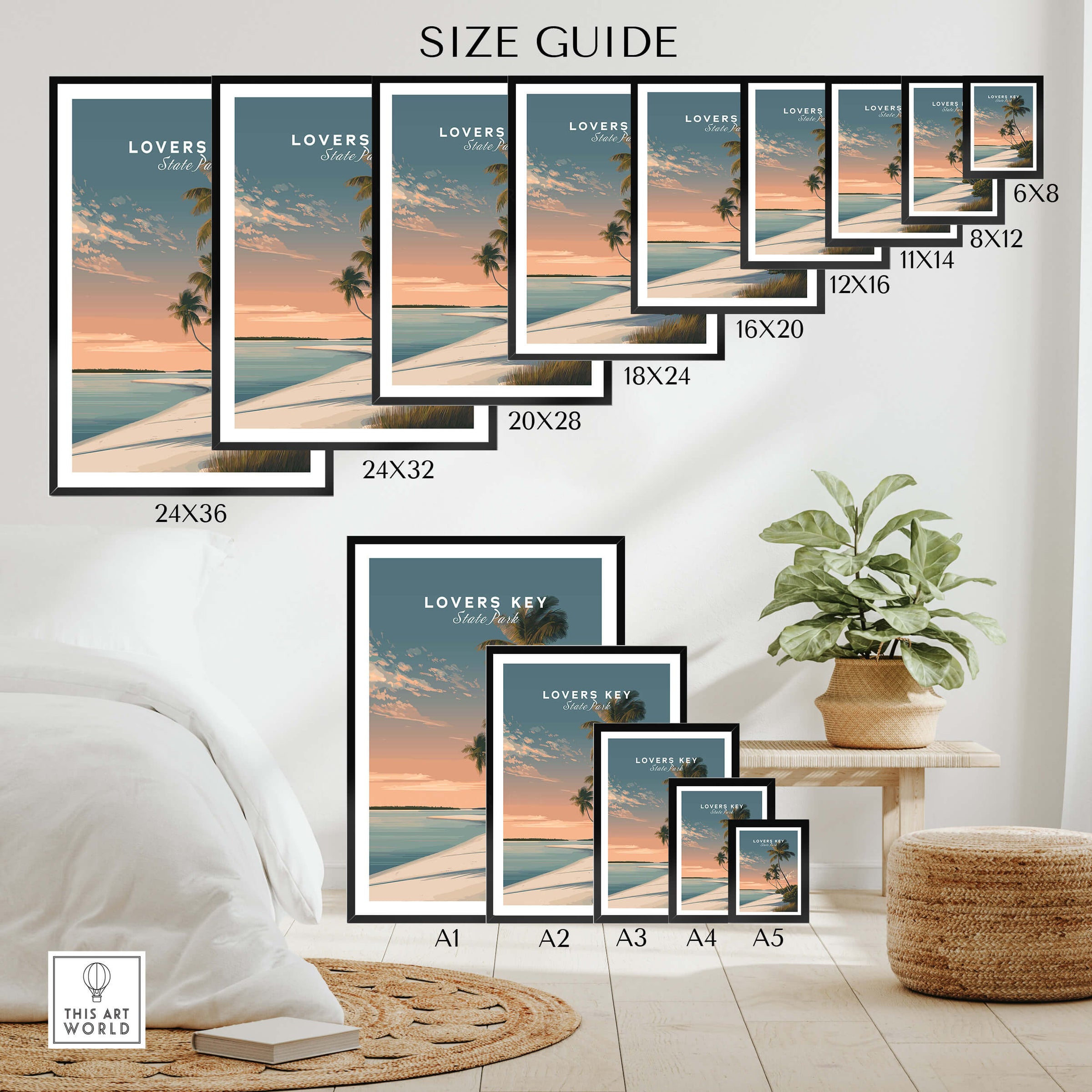 Lovers Key Travel Poster | Florida Sunset Palm Trees Wall Art Print size guide display showcasing different frame dimensions.
