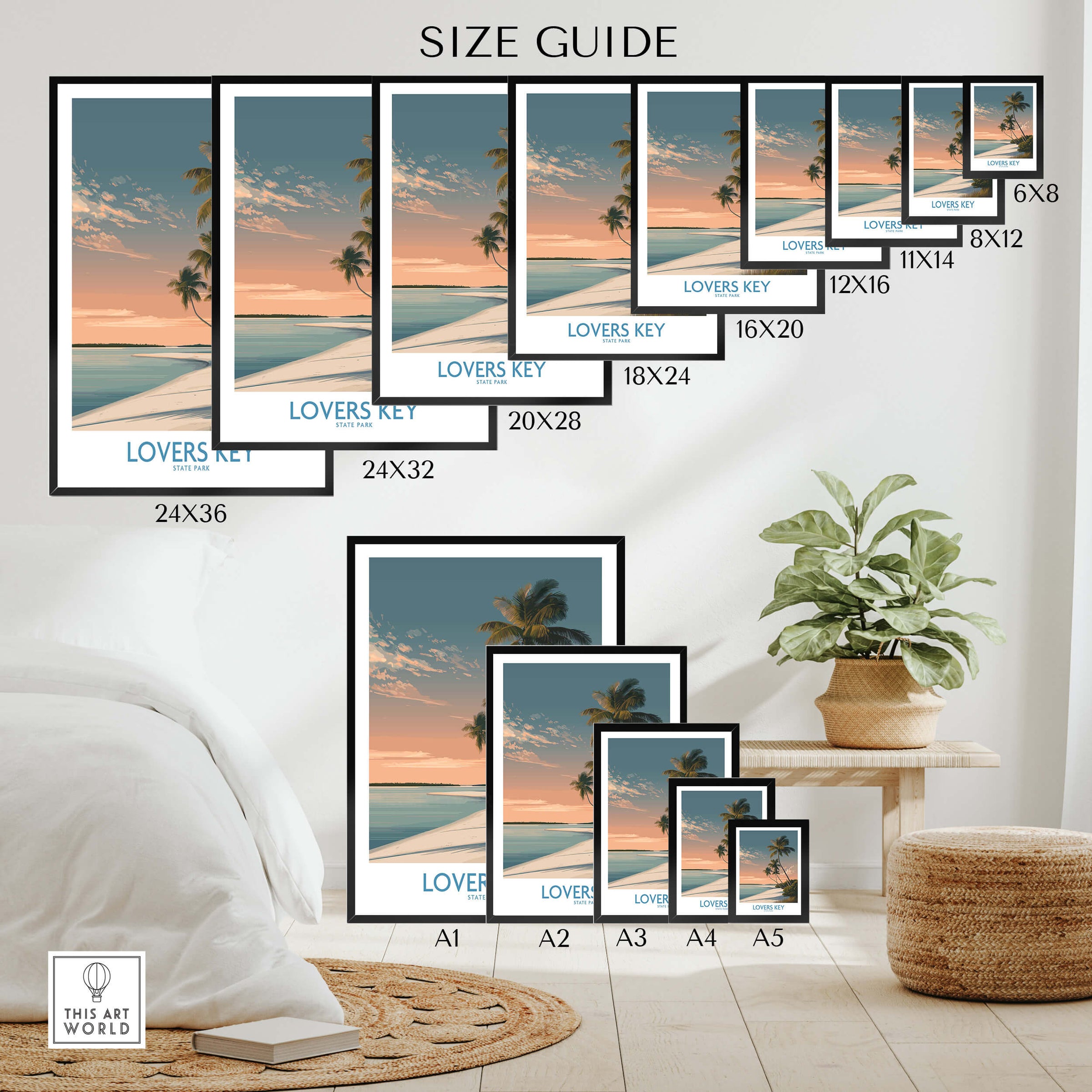 Lovers Key Canvas Print | Florida Gulf Coast Beach Poster size guide with various frame dimensions displayed.