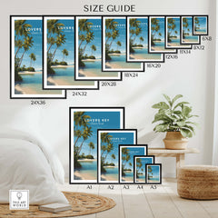 Lovers Key Wall Art Print | Paradise Island Scenery Florida Travel Poster size guide showcasing various frame sizes.