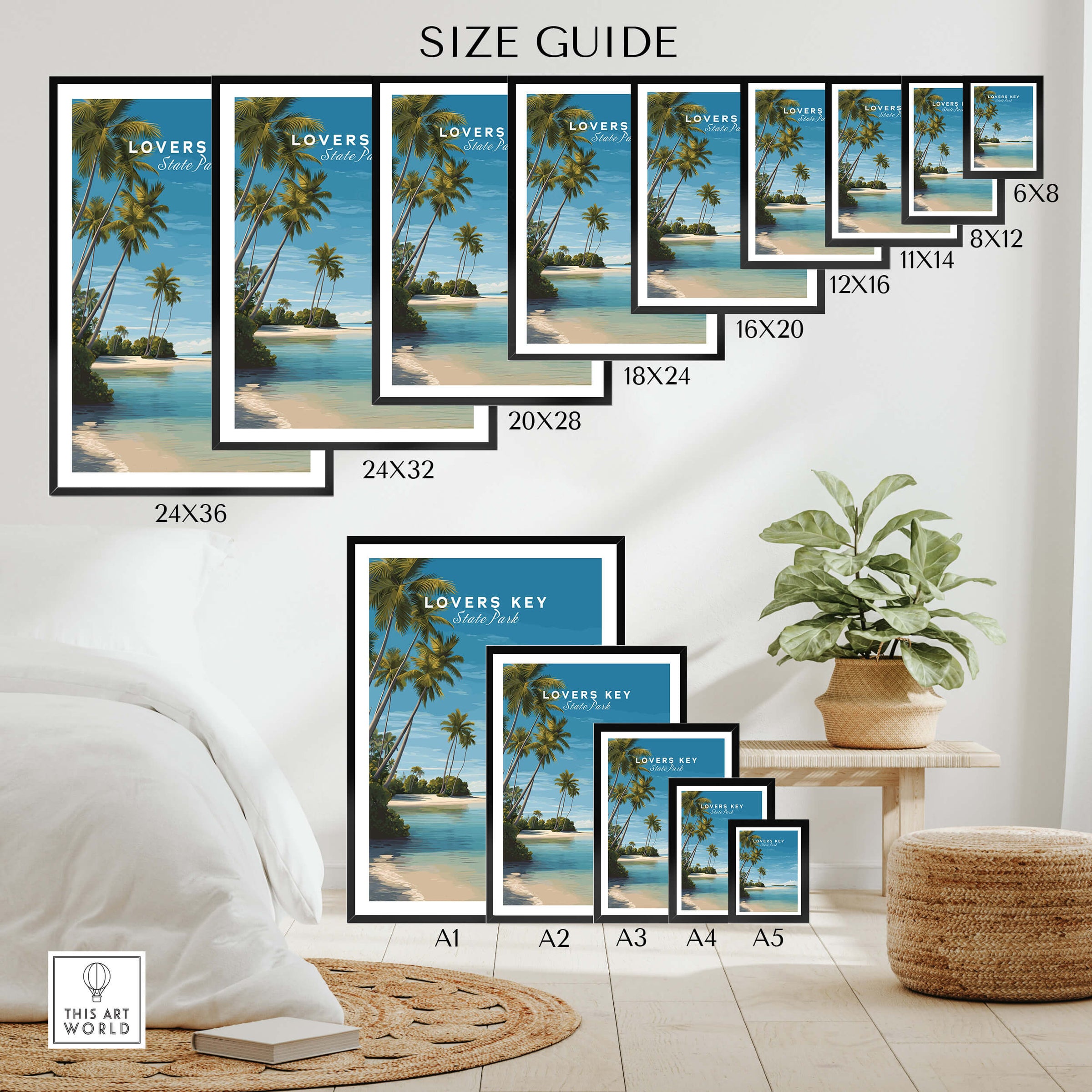 Lovers Key Wall Art Print | Paradise Island Scenery Florida Travel Poster size guide showcasing various frame sizes.