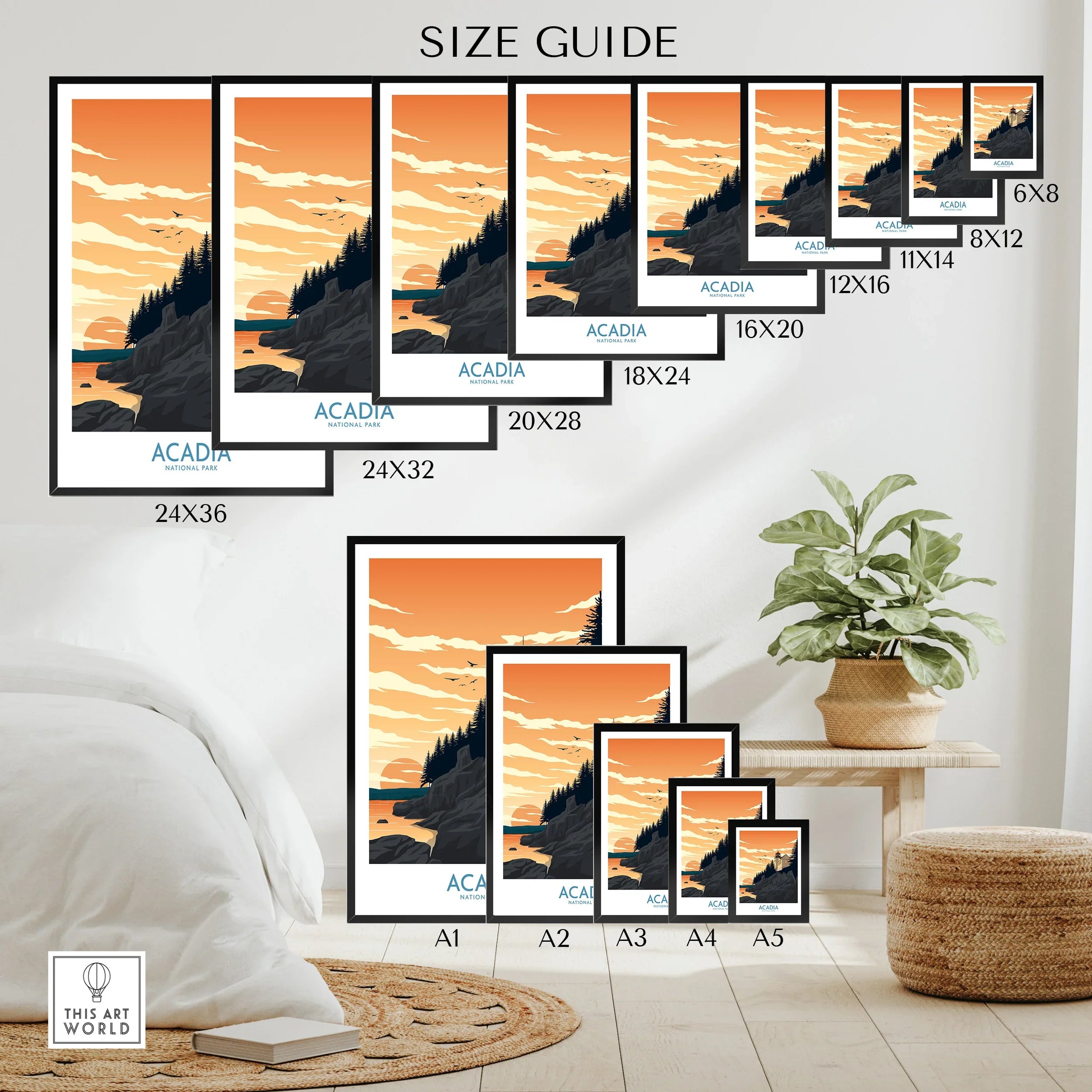 Acadia National Park wall art poster size guide with sunset mountain landscape print.