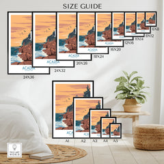 Acadia National Park wall art size guide with poster print of a coastal landscape, various frame sizes displayed in a bedroom setting.