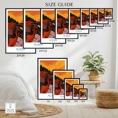 Acadia National Park wall art poster size guide with various print sizes displayed in a bedroom.