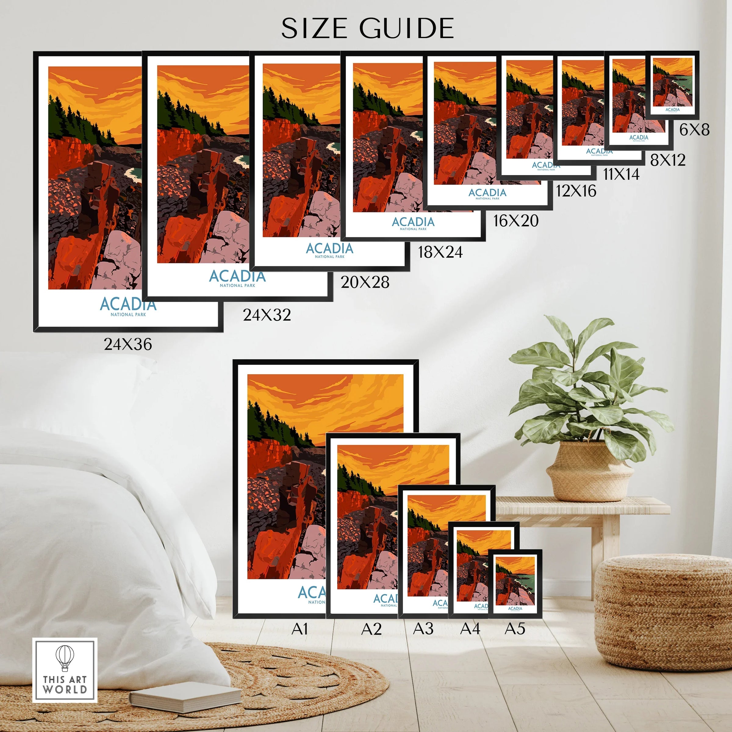 Acadia National Park wall art poster size guide with various print sizes displayed in a bedroom.