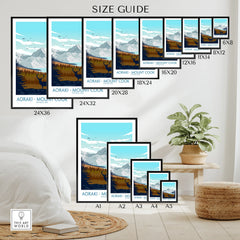 Wall art poster size guide showing Aoraki Mount Cook National Park travel print in various frame sizes, displayed in a modern room.