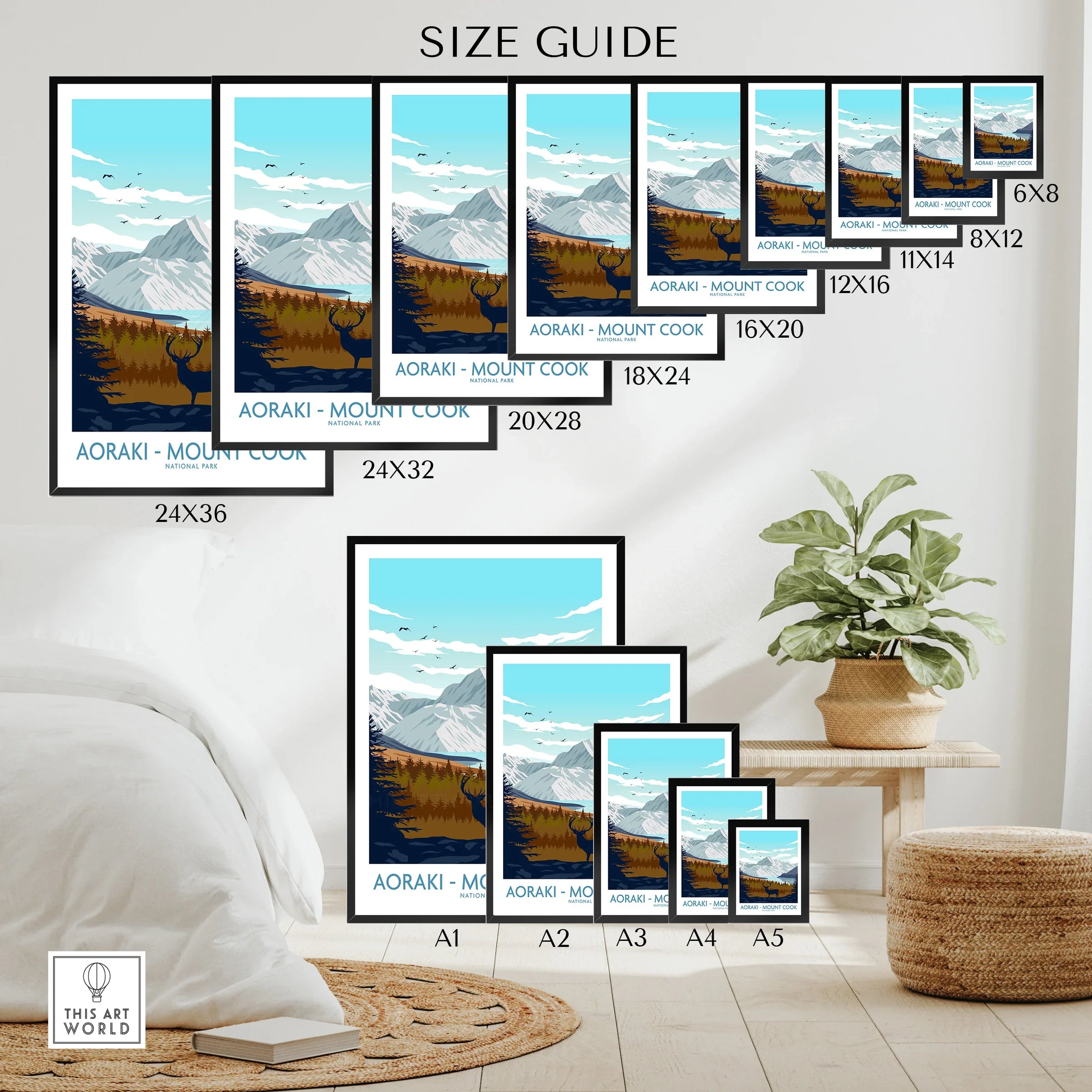 Wall art poster size guide showing Aoraki Mount Cook National Park travel print in various frame sizes, displayed in a modern room.