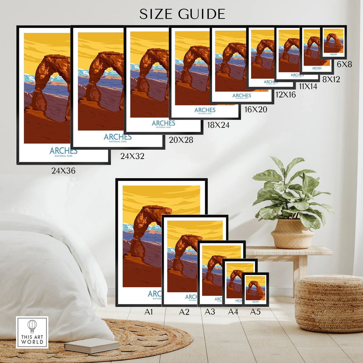 Poster size guide featuring Arches National Park wall art in various frame sizes, bedroom decor