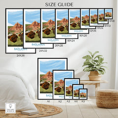 Wall art poster size guide featuring Badlands National Park landscape print in various sizes.