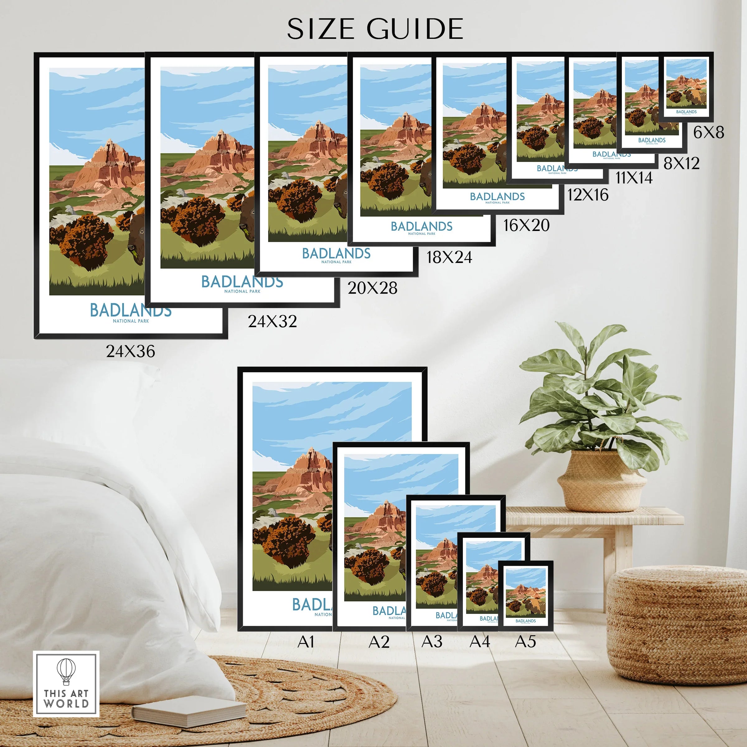 Wall art poster size guide featuring Badlands National Park landscape print in various sizes.