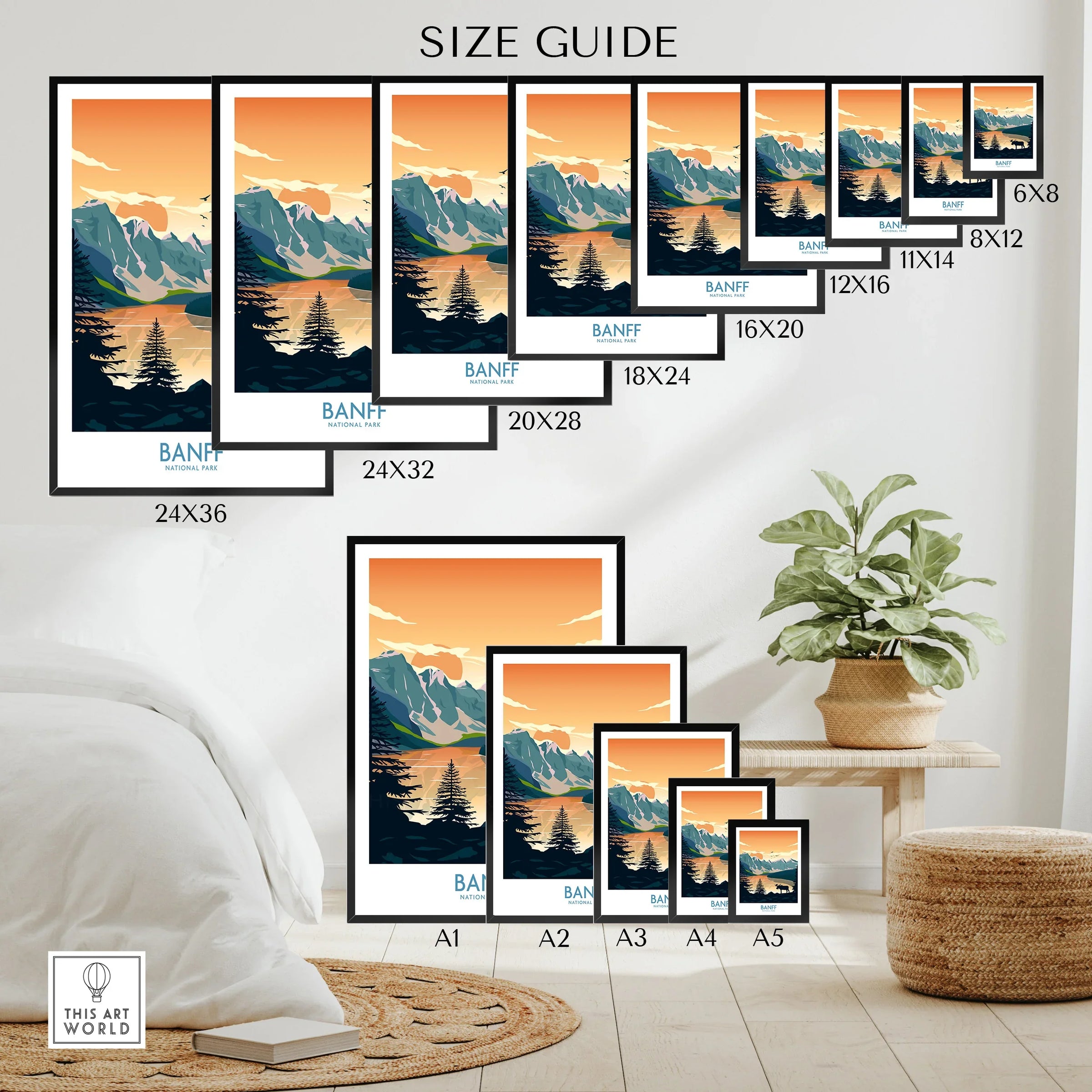 Banff National Park art print size guide showing various poster and wall art sizes on a modern room wall.