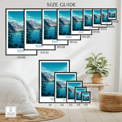 Banff National Park travel poster size guide with scenic mountain and lake artwork displayed on a wall.