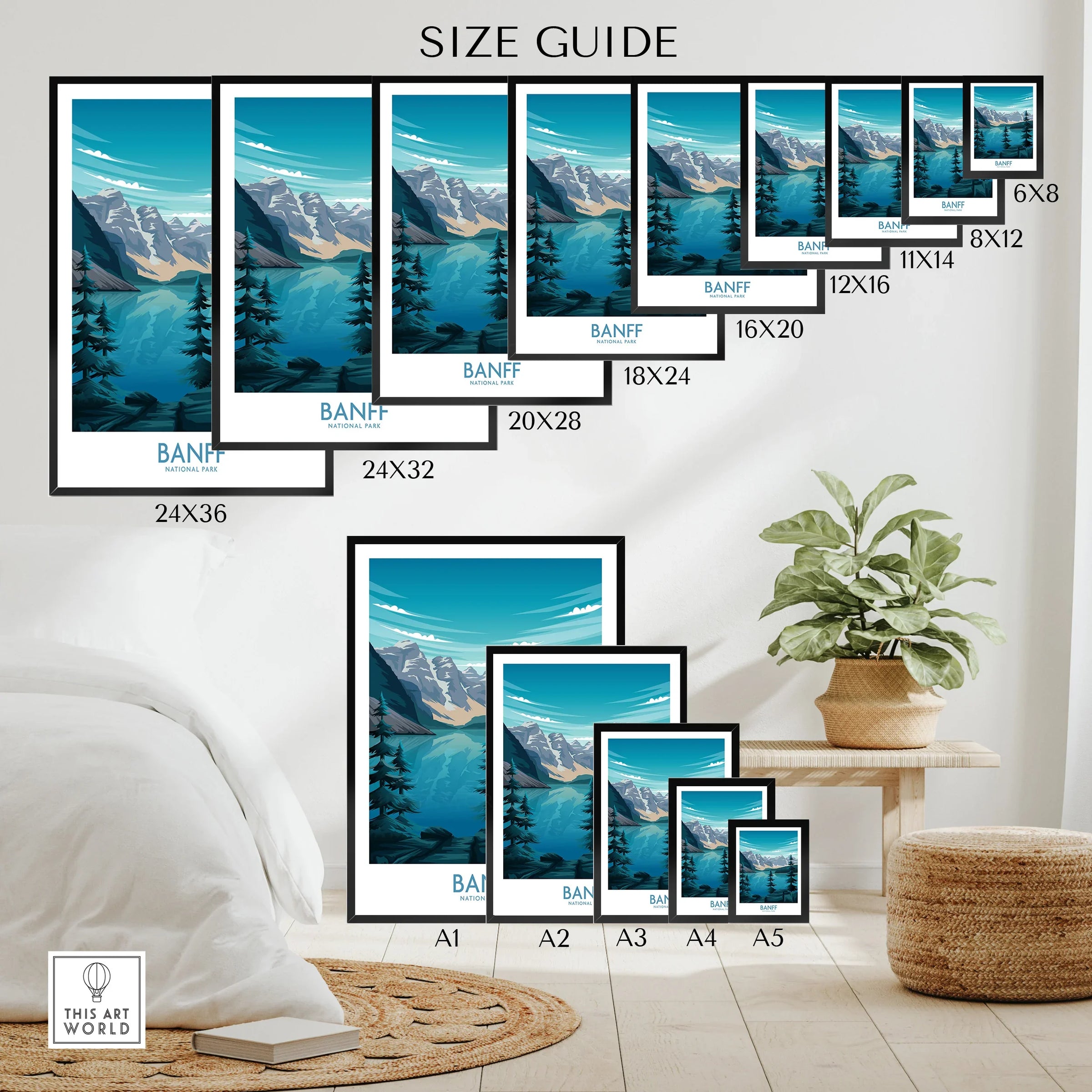 Banff National Park travel poster size guide with scenic mountain and lake artwork displayed on a wall.