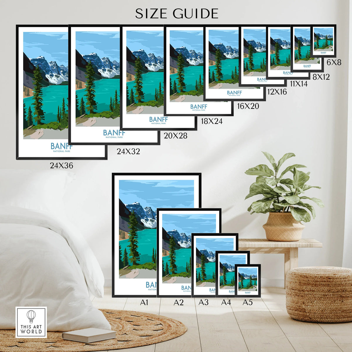 Banff National Park wall art size guide with multiple poster sizes on a room wall, featuring a scenic lake and mountain landscape print.