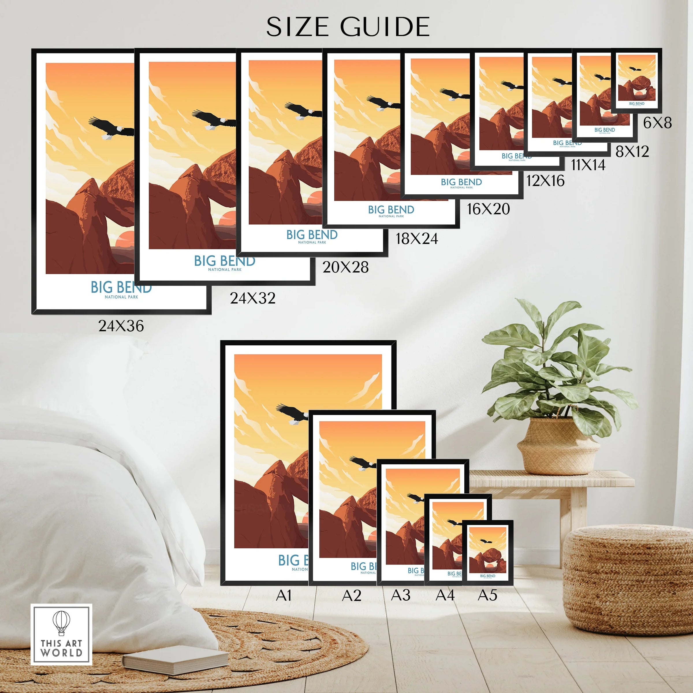 Big Bend National Park wall art poster size guide with sunset mountains and bird illustration