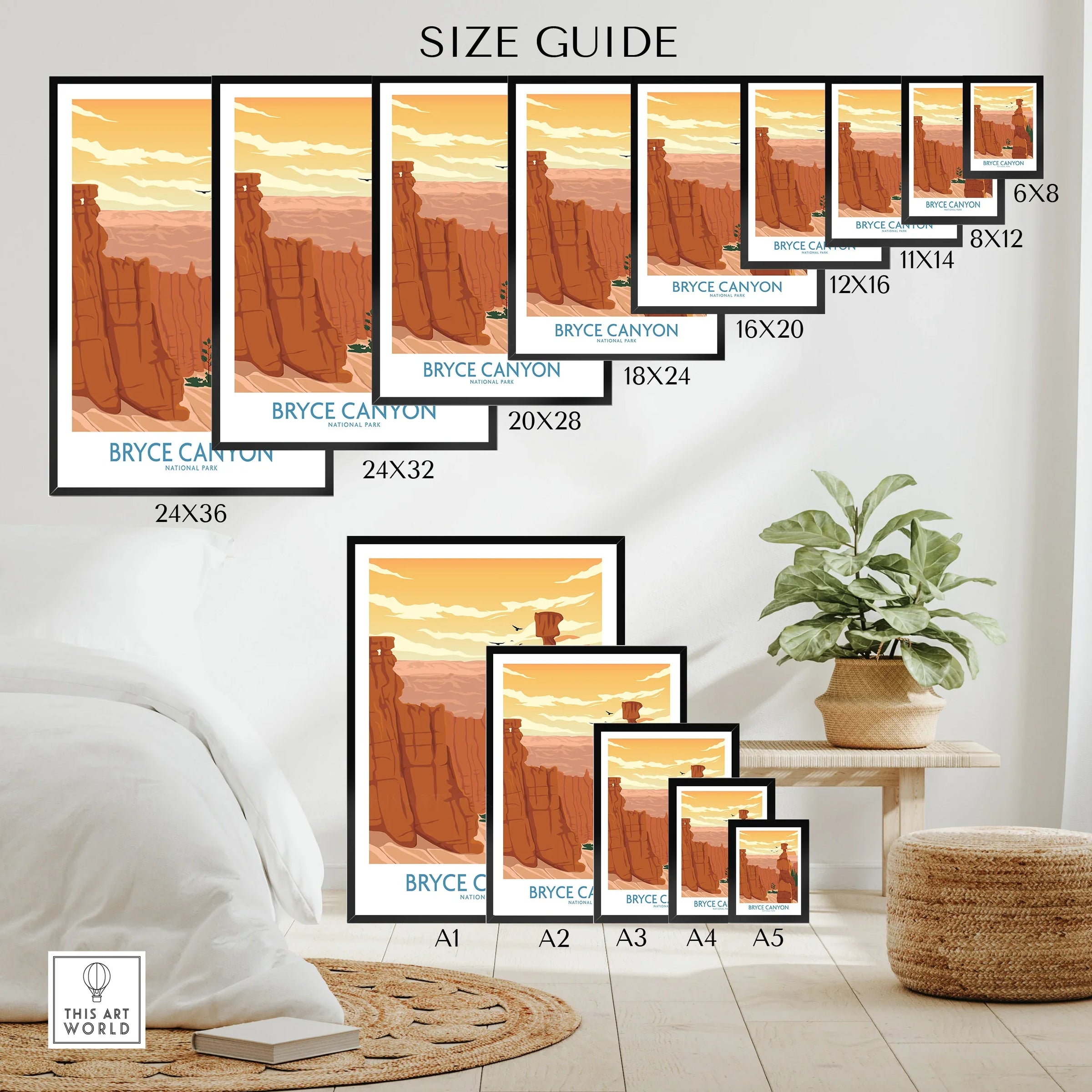 Bryce Canyon National Park poster wall art size guide with desert landscape illustration