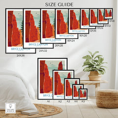 Bryce Canyon National Park wall art poster size guide with various print sizes displayed in a modern room.