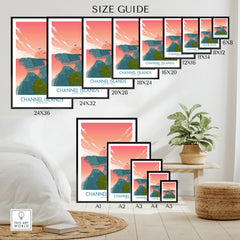 Channel Islands National Park wall art poster size guide with various framed prints on a modern interior wall.