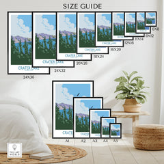 Crater Lake National Park wall art poster size guide with mountain and lake illustration