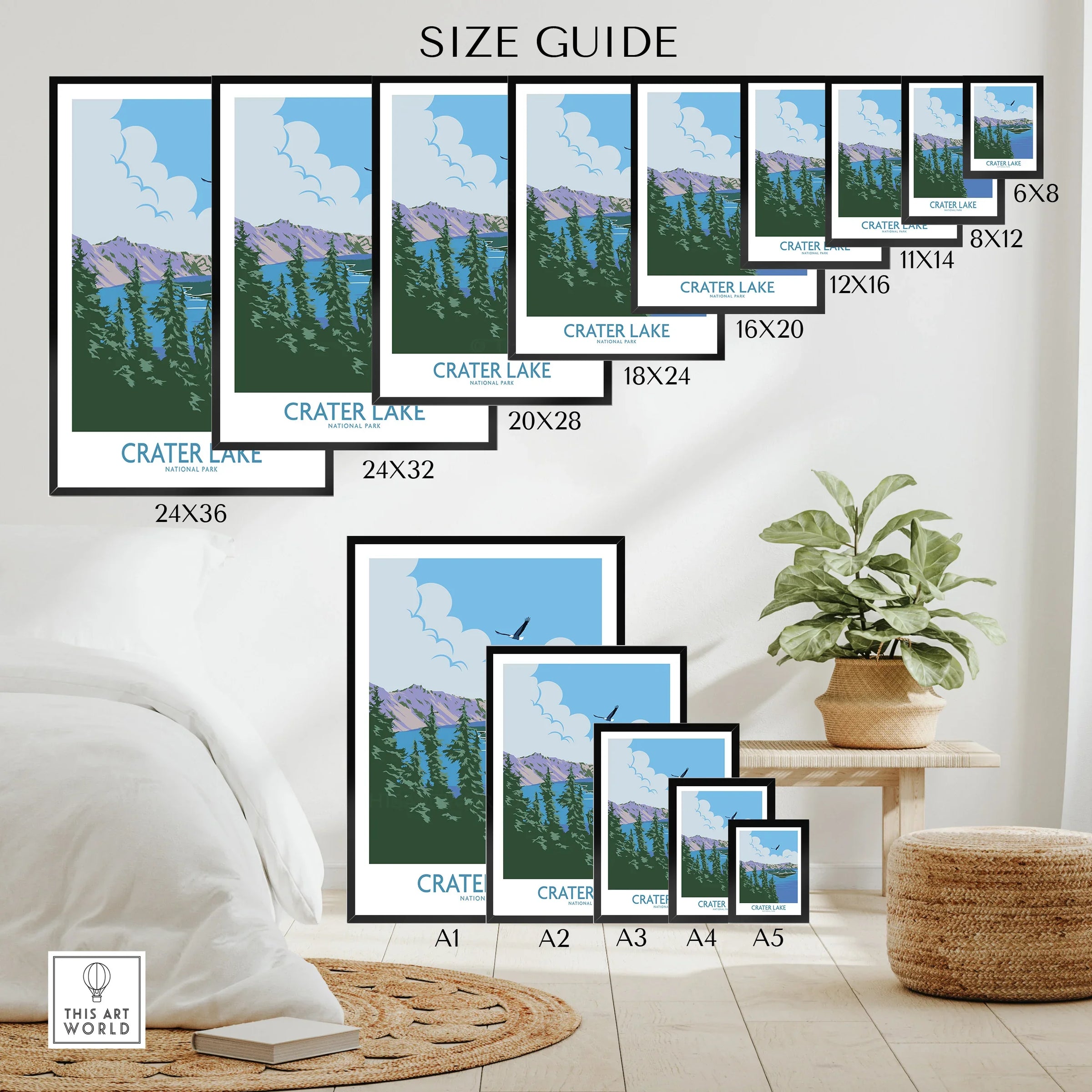 Crater Lake National Park wall art poster size guide with mountain and lake illustration