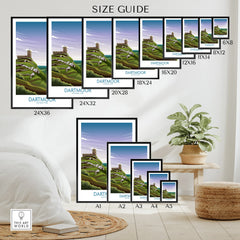 Dartmoor National Park wall art poster size guide with various print sizes displayed in a modern home decor setting.