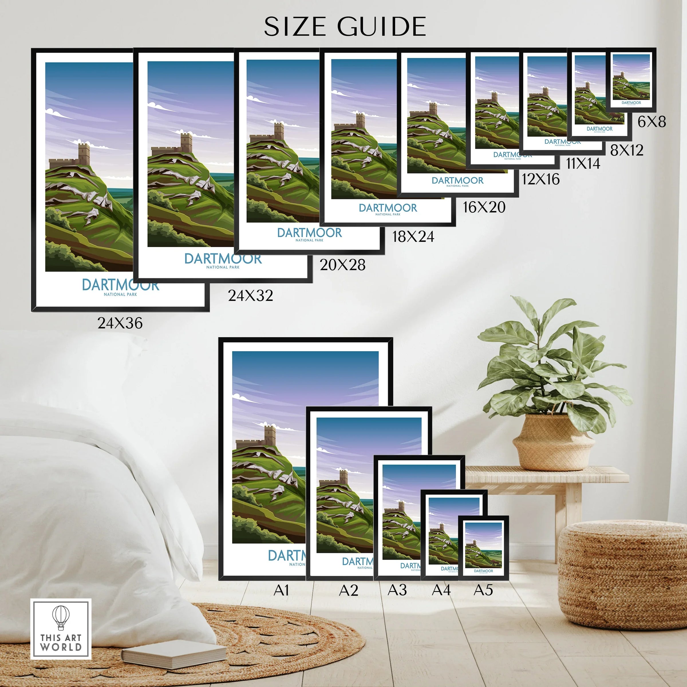 Dartmoor National Park wall art poster size guide with various print sizes displayed in a modern home decor setting.