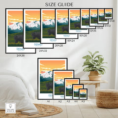 Denali National Park wall art poster size guide with various print sizes, mountain and bear illustration.