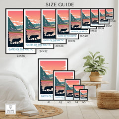 Wall art poster size guide featuring Gates of the Arctic National Park bear print in multiple sizes.