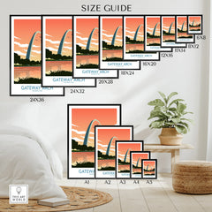 Wall art poster size guide featuring Gateway Arch National Park travel print in various sizes