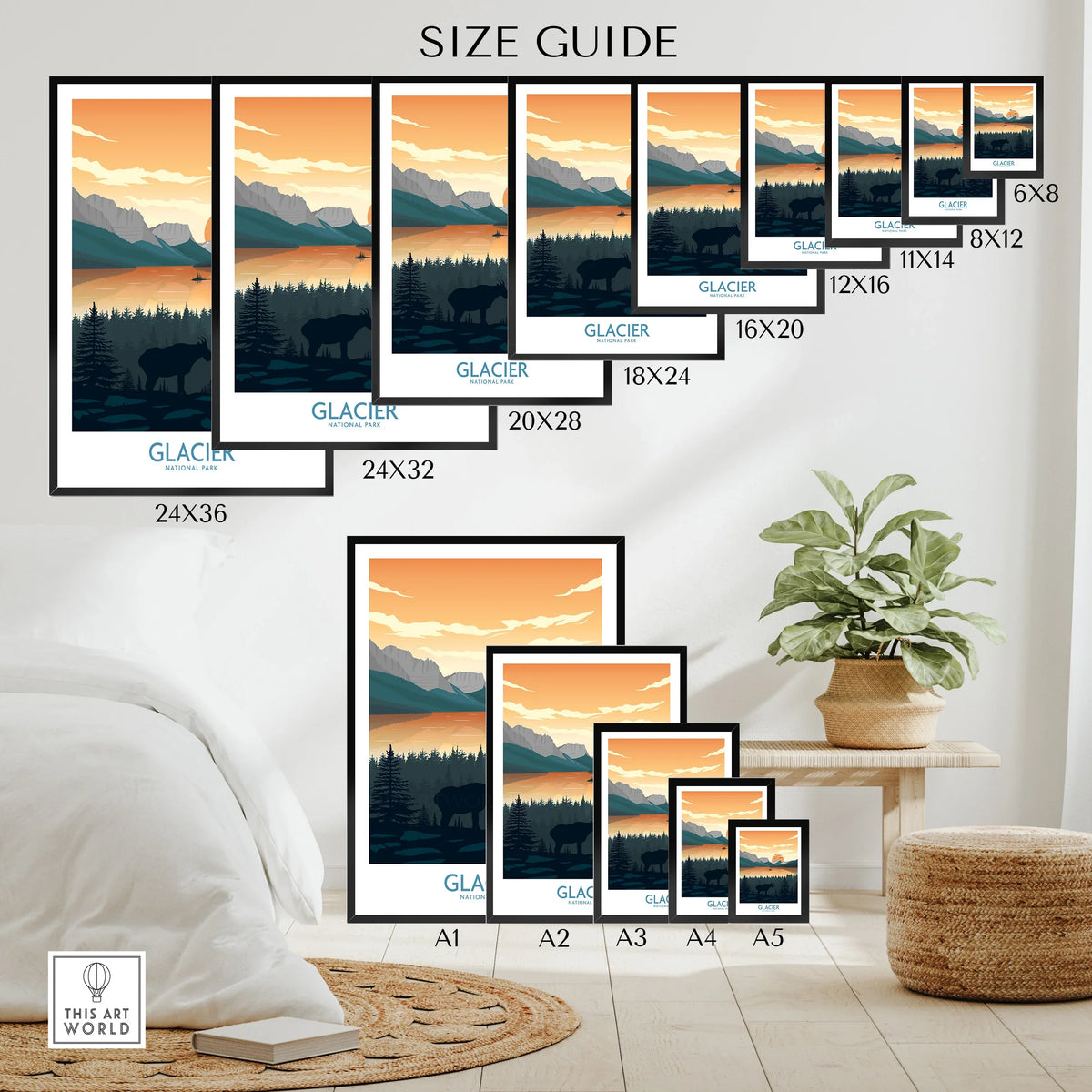 Poster size guide showing Glacier National Park wall art in various frame sizes, modern decor background