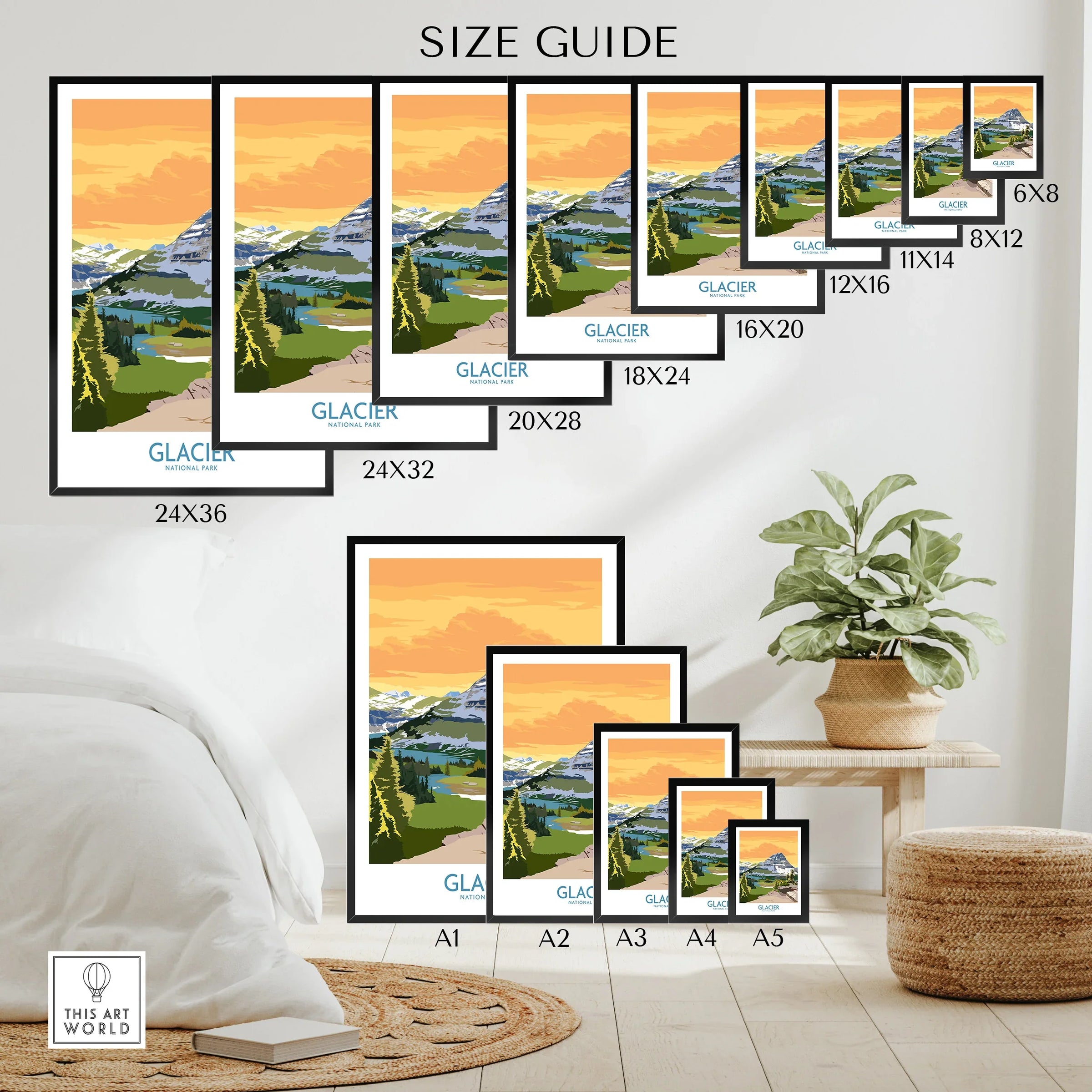 Wall art poster size guide featuring Glacier National Park landscape print in various sizes.