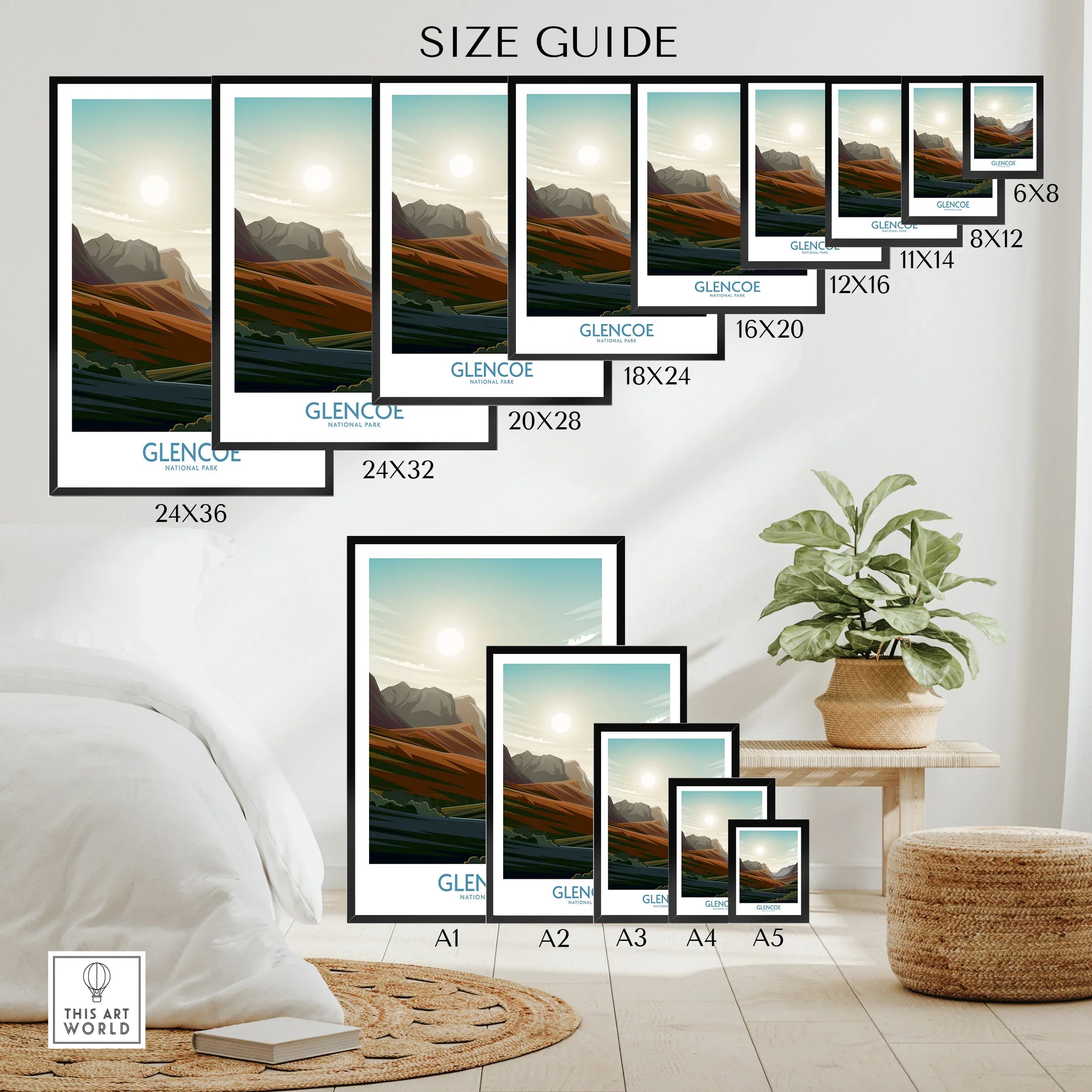 Size guide for Glencoe National Park wall art posters in various frame sizes, modern interior