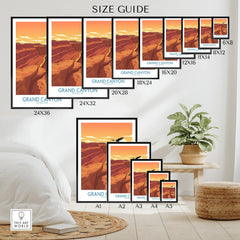 Grand Canyon National Park wall art poster size guide, various print sizes displayed in modern home decor setting.